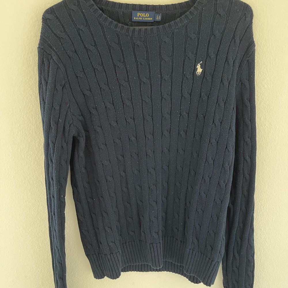 Polo Ralph Lauren Dark Blue Cable Knit Sweater Women's Size L Boat Neck Pullover